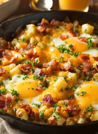 Delicious country breakfast skillet with eggs, potatoes, and vegetables