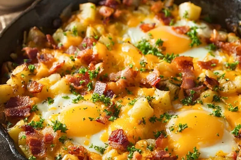 Delicious country breakfast skillet with eggs, potatoes, and vegetables