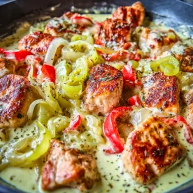 Creamy banana pepper chicken skillet featuring tender chicken and vibrant peppers