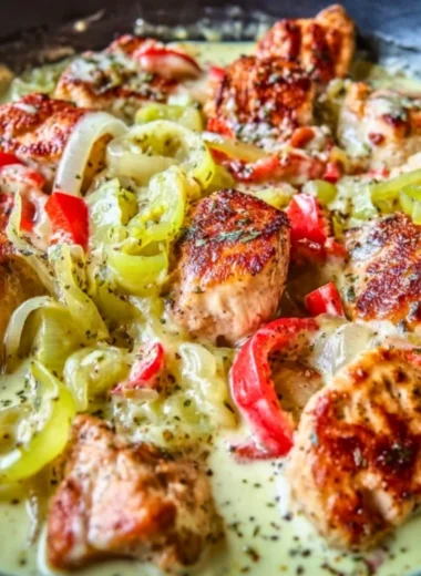 Creamy banana pepper chicken skillet featuring tender chicken and vibrant peppers