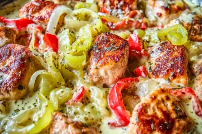 Creamy banana pepper chicken skillet featuring tender chicken and vibrant peppers