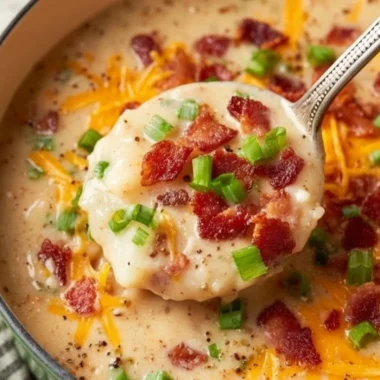 Bowl of creamy cheesy potato soup topped with cheese and herbs