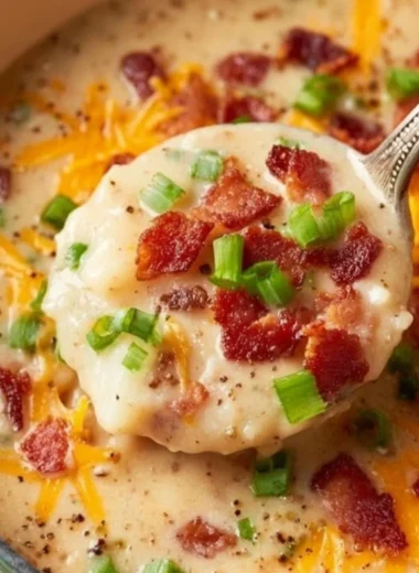 Bowl of creamy cheesy potato soup topped with cheese and herbs