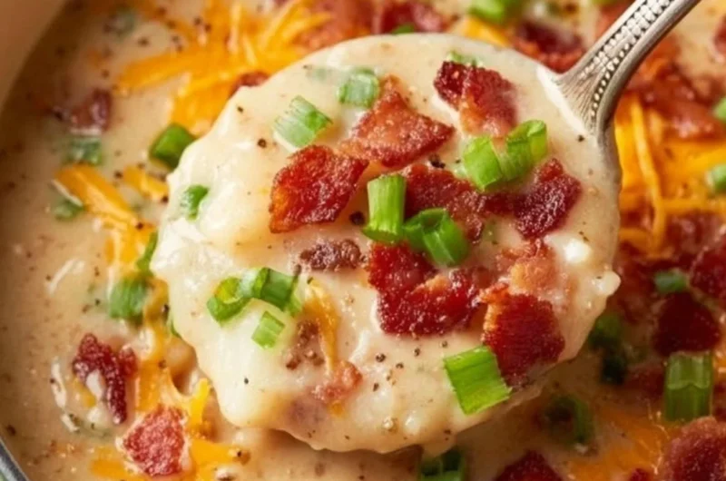 Bowl of creamy cheesy potato soup topped with cheese and herbs