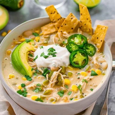 Creamy crockpot white chicken chili in a bowl garnished with green onions and cheese.