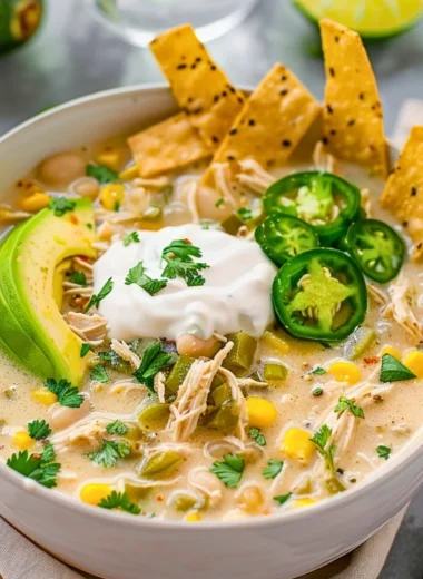 Creamy crockpot white chicken chili in a bowl garnished with green onions and cheese.