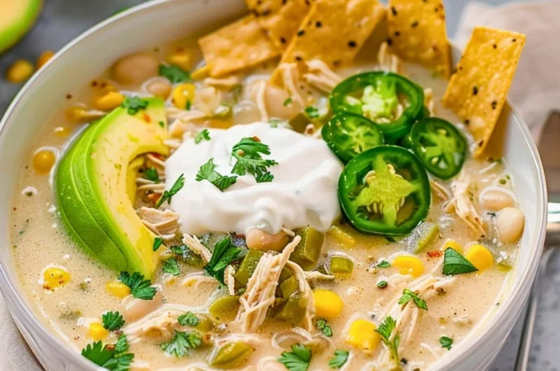 Creamy crockpot white chicken chili in a bowl garnished with green onions and cheese.