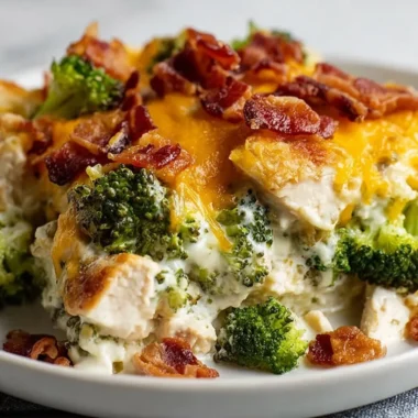 Creamy low carb chicken casserole with broccoli and bacon topped with cheese
