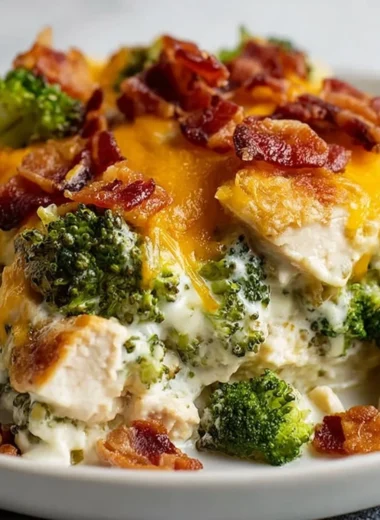 Creamy low carb chicken casserole with broccoli and bacon topped with cheese