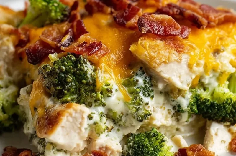 Creamy low carb chicken casserole with broccoli and bacon topped with cheese