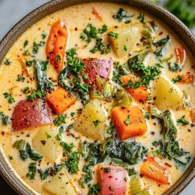 Bowl of creamy spring vegetable soup garnished with fresh herbs