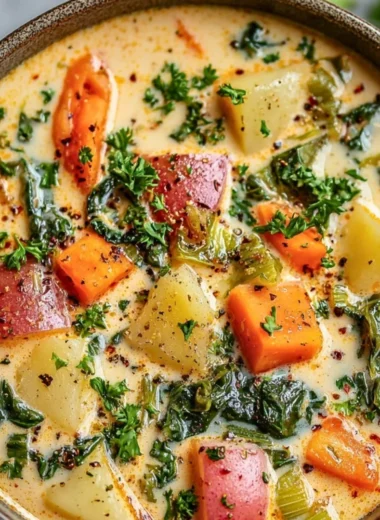 Bowl of creamy spring vegetable soup garnished with fresh herbs