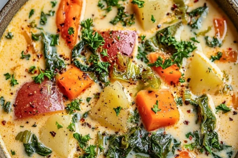 Bowl of creamy spring vegetable soup garnished with fresh herbs