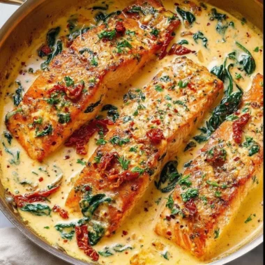 Creamy Tuscan salmon dish with spinach and sun-dried tomatoes served on a plate