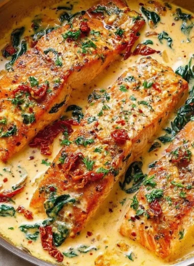 Creamy Tuscan salmon dish with spinach and sun-dried tomatoes served on a plate