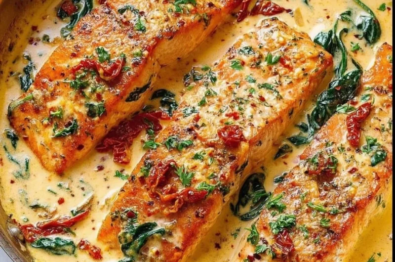 Creamy Tuscan salmon dish with spinach and sun-dried tomatoes served on a plate