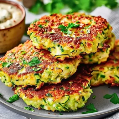 Crispy zucchini fritters served on a plate with dipping sauce.