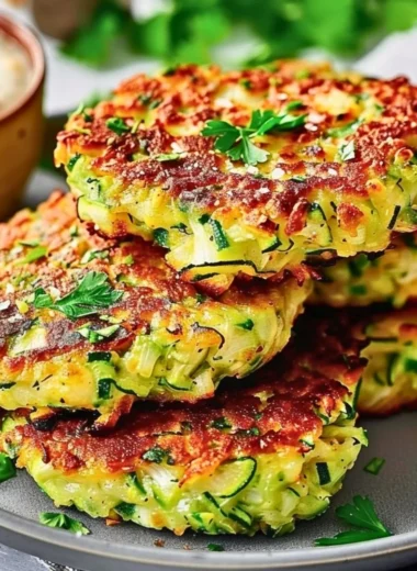 Crispy zucchini fritters served on a plate with dipping sauce.