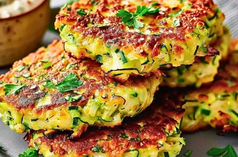 Crispy zucchini fritters served on a plate with dipping sauce.