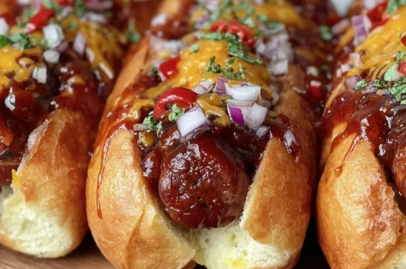 Plate of flavorful Firecracker Hot Dogs garnished and ready to serve.