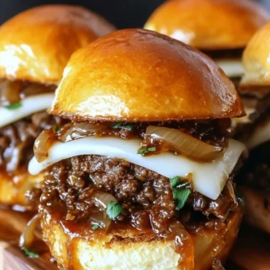 French Onion Beef Sloppy Joes served on a plate with melted cheese and toppings
