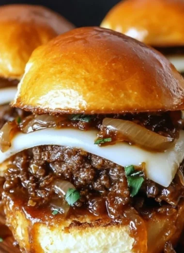 French Onion Beef Sloppy Joes served on a plate with melted cheese and toppings