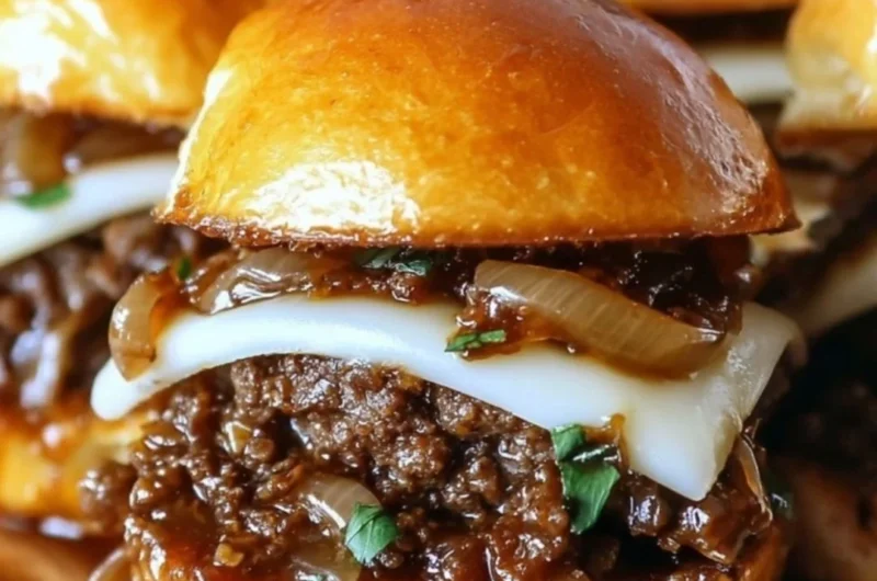 French Onion Beef Sloppy Joes served on a plate with melted cheese and toppings