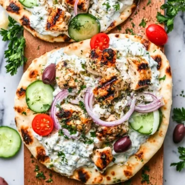 Delicious Greek Chicken Flatbread topped with fresh vegetables and herbs