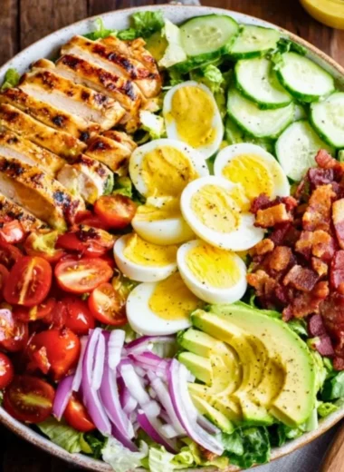 Delicious Grilled Chicken Cobb Salad with fresh vegetables and toppings