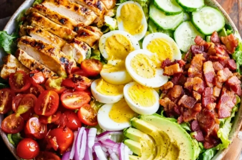 Delicious Grilled Chicken Cobb Salad with fresh vegetables and toppings