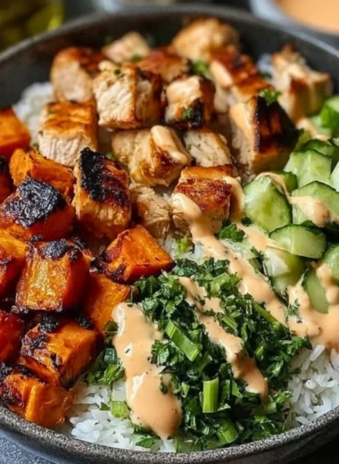 A vibrant grilled chicken salad topped with fresh vegetables and dressing.