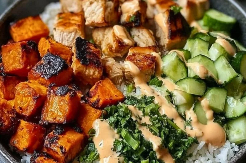 A vibrant grilled chicken salad topped with fresh vegetables and dressing.