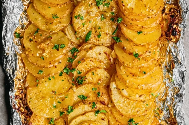 Grilled garlic butter potatoes served on a plate with herbs and spices.