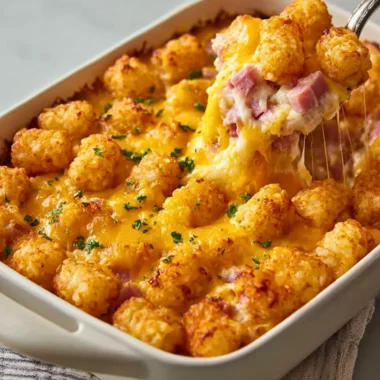 Delicious Ham and Tater Tot Casserole served in a baking dish.