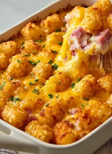 Delicious Ham and Tater Tot Casserole served in a baking dish.