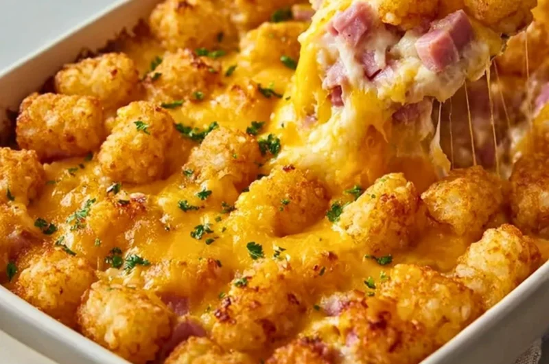 Delicious Ham and Tater Tot Casserole served in a baking dish.