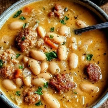 Bowl of hearty creamy bean soup garnished with herbs