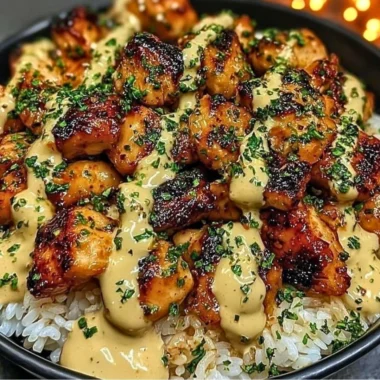Honey Sriracha Chicken Rice Bowls with creamy lime sauce