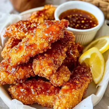 Golden hot honey chicken tenders served with dipping sauce
