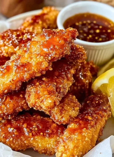 Golden hot honey chicken tenders served with dipping sauce