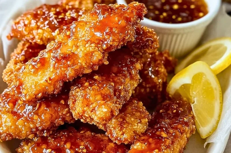 Golden hot honey chicken tenders served with dipping sauce