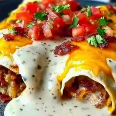 Creamy jalapeño popper cheesy chicken enchiladas topped with cheese and jalapeños