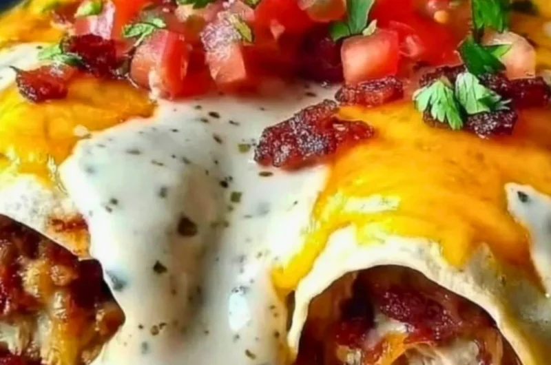 Creamy jalapeño popper cheesy chicken enchiladas topped with cheese and jalapeños