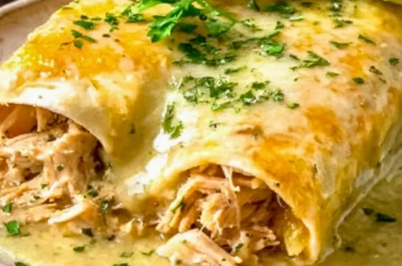 Plate of Joanna Gaines' chicken enchiladas garnished with cilantro and cheese