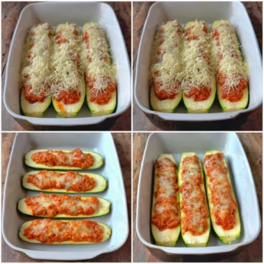 Keto Chicken Parmesan Zucchini Boats topped with cheese and herbs