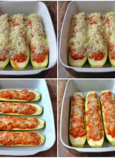 Keto Chicken Parmesan Zucchini Boats topped with cheese and herbs