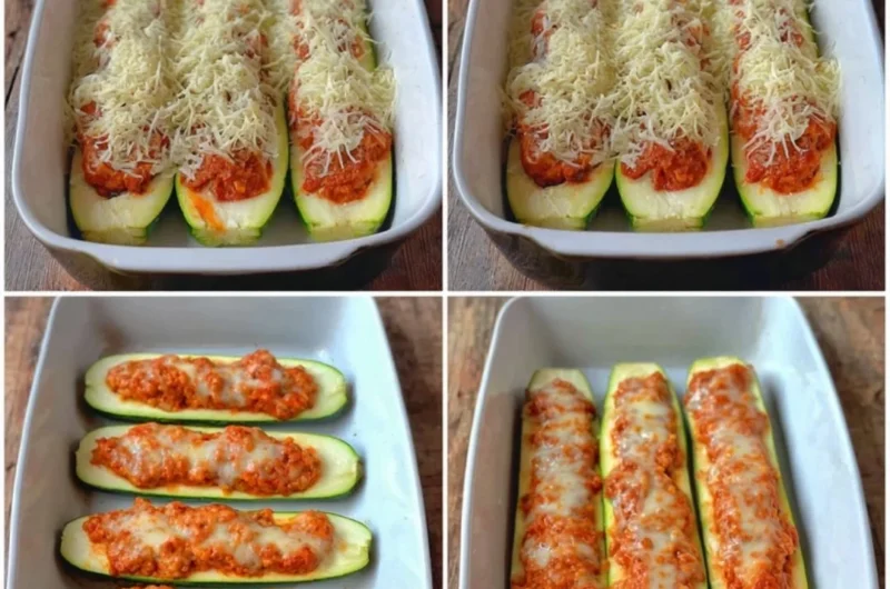 Keto Chicken Parmesan Zucchini Boats topped with cheese and herbs