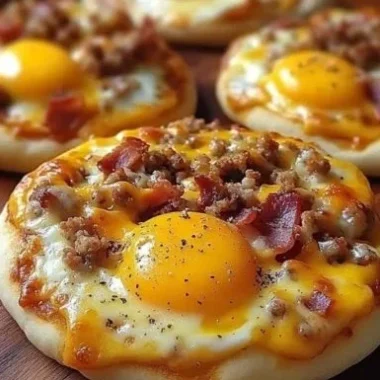 Loaded English muffin breakfast pizza topped with gooey cheese and fresh ingredients.