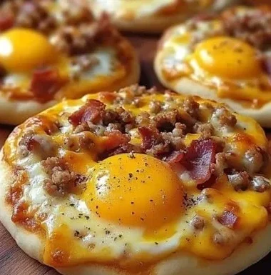 Loaded English muffin breakfast pizza topped with gooey cheese and fresh ingredients.