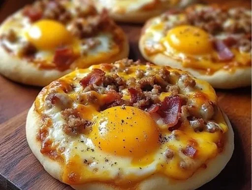 Loaded English muffin breakfast pizza topped with gooey cheese and fresh ingredients.
